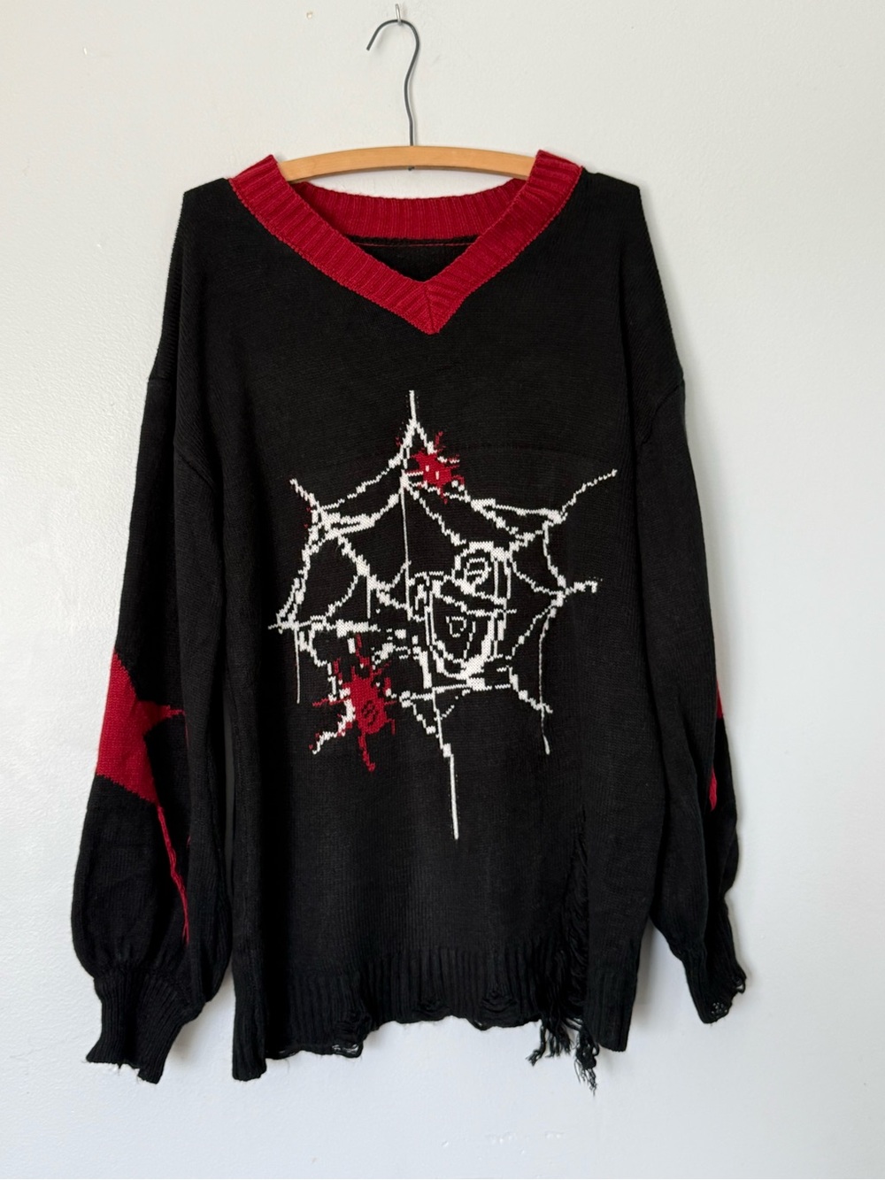 size MEDIUM oversized distress deconstructed SPIDER WEB sweater black red grunge